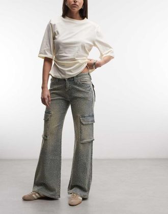 True Religion Bobbi - Pantaloni cargo lavaggio chiaro con tinta e strass-Multi