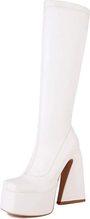 Generic Womens Knee-High Platform Block Heel Boots Square Toe Faux Leather Stretchy Design Stylish Comfortable For Night Out Party And Daily Casual Wear,White