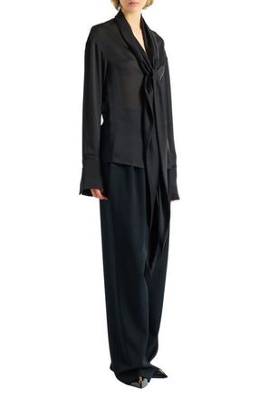 Balmain Silk shirt with tie collar in Black at Nordstrom, Size 34 Eu