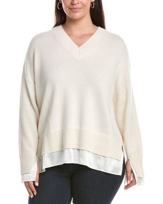 Lafayette 148 New York Plus Charmeuse Trimmed V-Neck Sweater