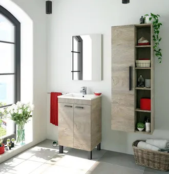 Dmora Dmora - Armario Bajo Encimera Dkolaro, Mueble De Ba&ntilde;o, Armario De 2 Puertas Con Espejo, Lavabo No Incluido, 50x40h80 Cm, Roble