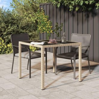 Berkfield Home Garden Table 90x90x75 cm Tempered Glass & Poly Rattan Beige | Size: 90 x 90 x 75 cm