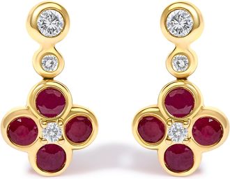 House of Brilliance 14K Yellow Gold 1/10 Cttw Diamond and Ruby Floral Dangle Earrings