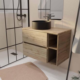 Aurlane Aurlane - Mueble De Ba&ntilde;o 80 Cm Roble 2 Cajones Y 2 Estantes - Encimera Y Lavabo Negro