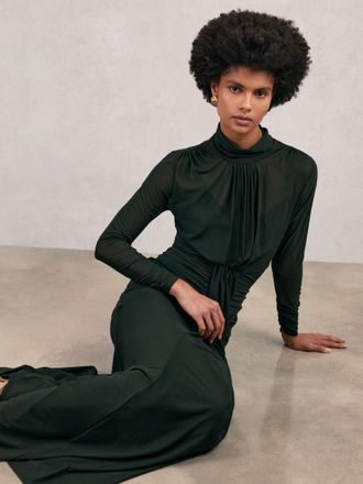 Reiss Womens Dark Green Ruched Long Sleeve Maxi Dress, Size: 12