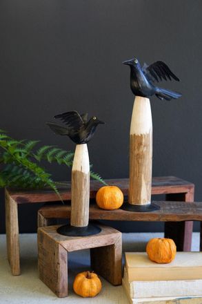 Kalalou Set Of Two Black Iron Crows On Wooden Bases