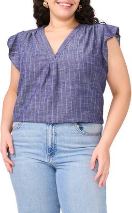 Vince Camuto Pinstripe Flutter Sleeve Chambray Top in Cool Waters at Nordstrom, Size 1X