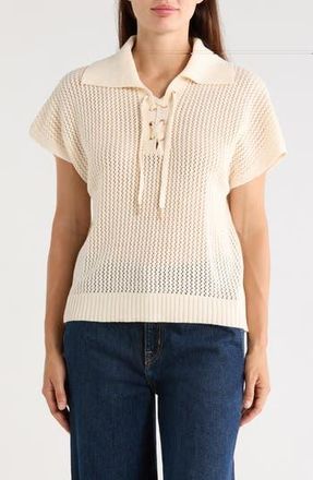 T Tahari Tie Neck Short Sleeve Open Stitch Sweater in Cream at Nordstrom Rack, Size X-Large