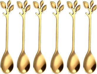 OEM Juego De 6 Cucharas De Postre Doradas Con Dise&ntilde;o De Hoja: Cucharas De Acero Inoxidable De Lujo Para Helado, Caf&eacute; Y T&eacute;