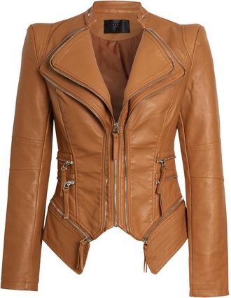 SS7 Womens Faux Leather Biker Jacket Tan