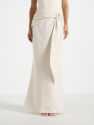 Mani&egrave;re De Voir Holly Linen Asymmetric Wrap Tie Maxi Skirt in Natural at Nordstrom, Size 12