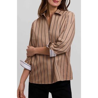 Foxcroft Agnes Dot Stripe Three-Quarter Sleeve Cotton Popover Top in Almond Brown/Black at Nordstrom, Size X-Small