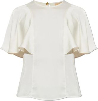 Michael Kors Overhemden, Dames, Beige, XL, Leer, Satin Cape Sleeve Blouse