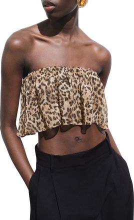 Mango Leopard Print Strapless Top in Brown at Nordstrom, Size Medium