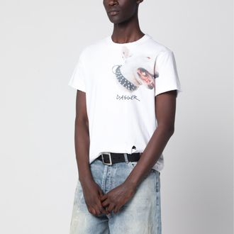 Dagger T-shirt bianca in cotone con dettagli distressed
