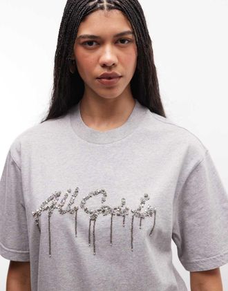 AllSaints Chains - Vestito T-shirt corto a maniche corte grigio con logo in strass