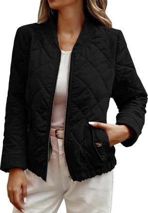 Generic Womens Quilted Jacket - Lightweight Puffer Coats, Long Sleeve V Neck Zip Up Jackets, Padded Winter Warm, Ladies Loose Fit Comfy Tops, Windproof, Solid