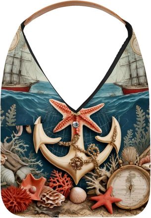 Generic Vintage Map Anchor Starfish Reusable Lightweight Grocery Bags - Foldable Into Compact Pouch, Washable & Sturdy, Multipurpose for Shopping and Travel