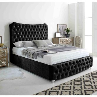 Casa Valentino Gunmetal Marble Fabric Diamante Buttons King Bed Frame