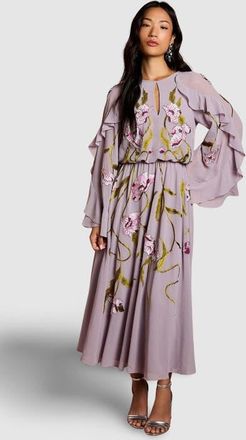 Coast Embroidered Tiered Chiffon Midi Dress in Mauve at Nordstrom, Size 6
