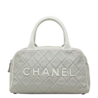 Chanel Gray White Canvas Leather Boston Bag (Pre-Owned)