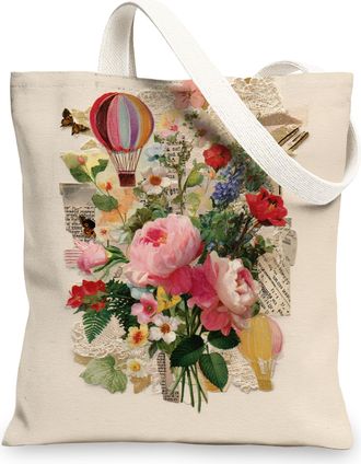 Generic Floral Canvas Tote Bag, Vintage Reusable Shopping Bags, Lightweight Peach Shoulder Strap Purses, Peach, 13x15 Inch