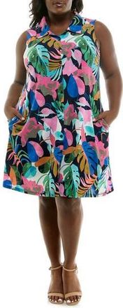 Nina Leonard Sleeveless Trapeze Dress in Navy Pink Multi at Nordstrom Rack, Size 2X