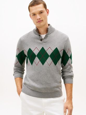 Tommy Hilfiger Mens Argyle Quarter-Button Mockneck Sweater - Grey - XXL