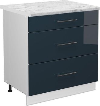 Vicco Armarios De Cocina Fame-line, Azul Oscuro Alto Brillo, 80 Cm Con 3 Cajones, Et M&aacute;rmol