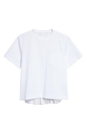 sacai Mixed Media Pleated Poplin & Jersey Pocket T-Shirt in White at Nordstrom, Size 2