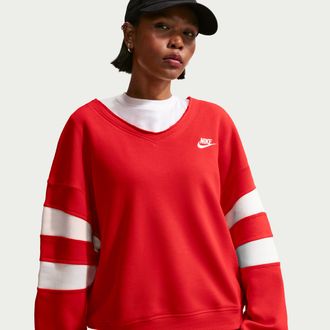 Nike Womens Nike Sportswear Club Fleece Oversized V-Neck Sweatshirt in Red | IQ0084-657