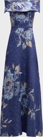 Teri Jon Off-Shoulder Metallic Flower Jacquard Gown