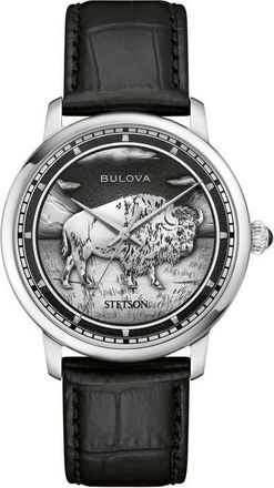 Bulova x Stetson Bison Automatic Leather Strap Watch, 39mm in Silver-Tone at Nordstrom