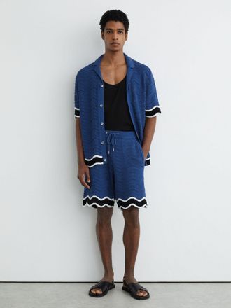 Reiss Blue Cotton-blend Wave-knit Tipped Shorts, Xxl