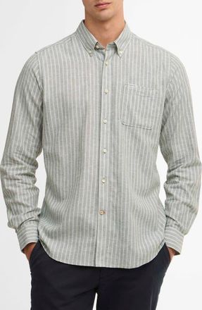 Barbour Nelson Tailored Fit Stripe Linen & Cotton Button-Down Shirt in Bleached Olive at Nordstrom, Size Xx-Large