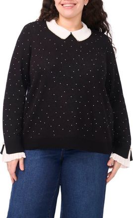 CeCe by Cynthia Steffe Faux Pearl Contrast Collar Cotton Top in Rich Black at Nordstrom, Size 2X
