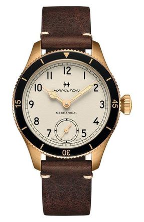 Hamilton Khaki Aviation Pilot Pioneer Bronze Leather Strap Watch, 43mm in White at Nordstrom