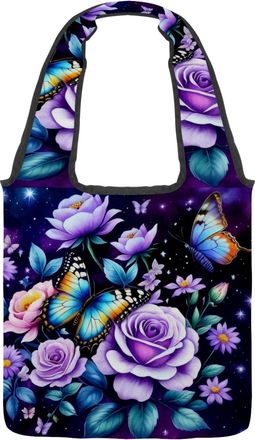 Generic Butterfly Floral Purple Reversible Canvas Shoulder Tote - Double-Sided Print, 12oz Cotton, 27cm Drop, Fold-Flat Bag for Travel, Shopping, Street Outin