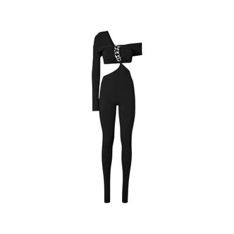 GCDS Gcds, Jumpsuits & Playsuits, Dames, Zwart, L, Logo-ketting jumpsuit met &eacute;&eacute;n schouder