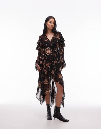 AllSaints Fresca - Vestito nero a fiori con volant-Marrone