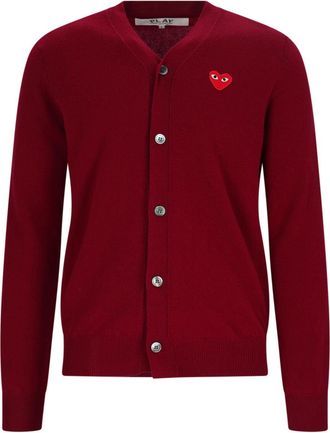 Comme Des Gar&ccedil;ons Burgundy V-Neck Iconic Heart Wool Cardigan
