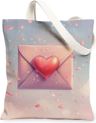 Generic Heart Envelope Canvas Tote Bags, Love Floral Design Reusable Grocery Bags, Spring Lightweight Washable Shoulder Strap Canvas for Travel Beach 13x15 In