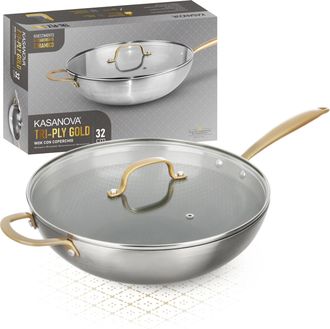 KASANOVA Wok 32 cm triplo strato Tri Ply - Gold con coperchio