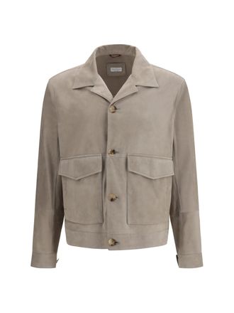 Brunello Cucinelli Mens Suede Jacket Khaki Calf Leather Padded & Down