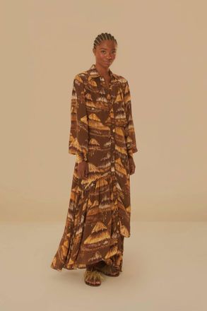 Farm Rio Long Sleeve Midi Dress In Malocas Beige