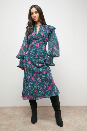 Oasis Womens Printed Shirred Cuff Tea Midi Dress - Black - Size 12 UK