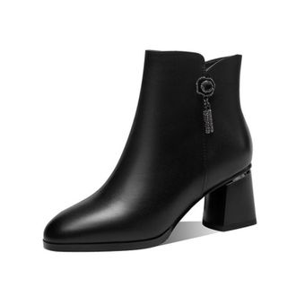 Generic Womens Ankle Boots Smooth PU Leather Round Toe Block Heels Side Zipper Glitter Tassel Detail Solid Color Stylish Durable Design,Black,4.5 UK