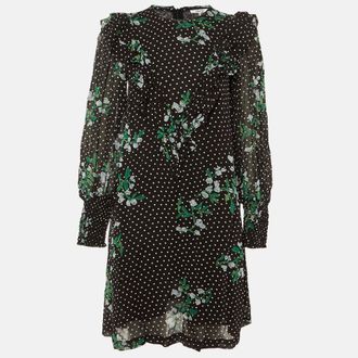 Ganni Black Polka Dot Floral Printed Chiffon Mini Dress