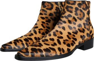 Dolce & Gabbana Womens Brown Leopard Calf Fur Ankle Boots Shoes Black And Lamb Leather