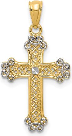 Diamond2Deal 14k Yellow Gold Rhodium Diamond-cut Filigree Cross Pendant